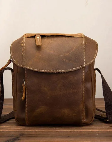 Vintage Brown Leather Men's Small Vertical Side Bag Small Messenger Bag For Men