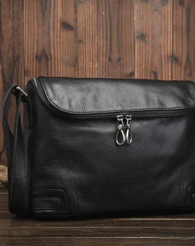 Cool Black Leather Men's Messenger Bag Black Side Bag Courier Bag For Men