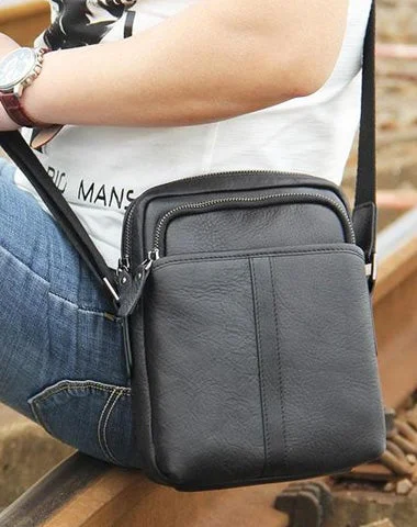 Leather Mens Black Small Shoulder Bag Messenger Bag Crossbody Bag for Men