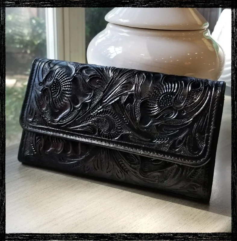 Trifold Floral Leather Wallet Black