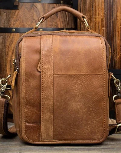 Casual Brown  Leather 10 inches Small Vertical Messenger Bag Crossbody Side Bag for Men