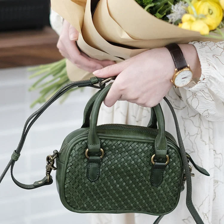 Ladies Small Leather Handbag Woven Green Crossbody Bag