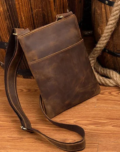 Cool Brown Leather 8 inches Mens Small Vertical Messenger Bags Brown Courier Bag for Men