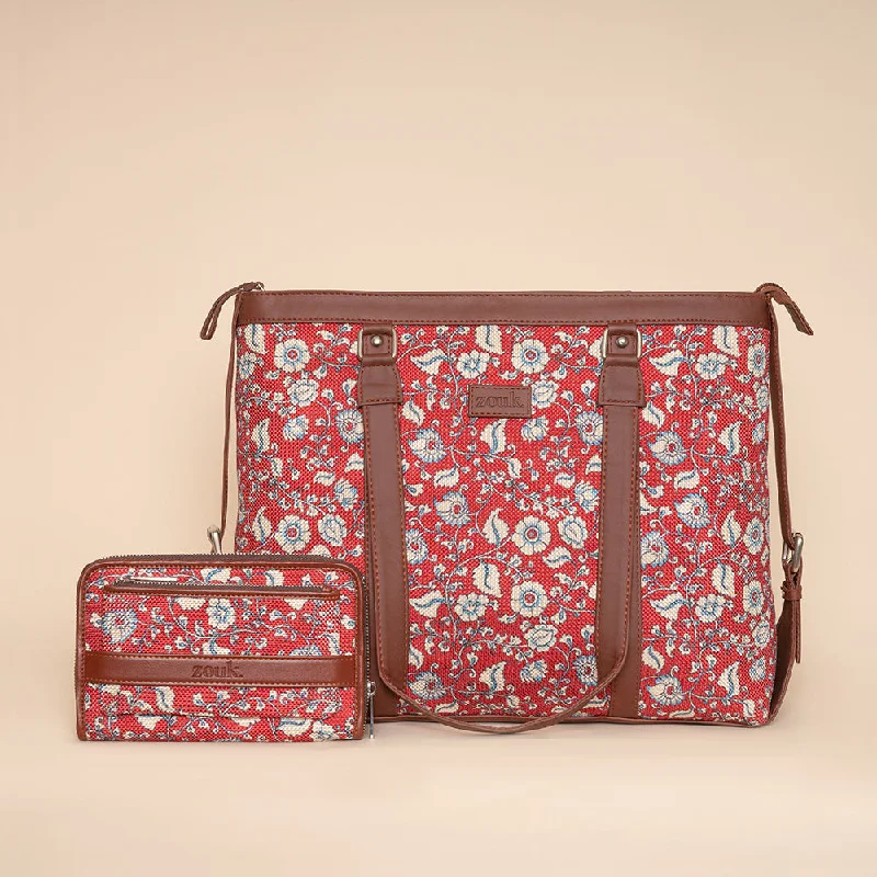 Chittoor Red Kalamkari - Office Bag & Classic Zipper Wallet Combo