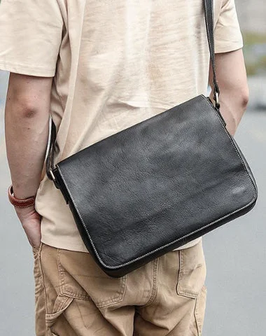 Casual Black Leather Mens 11 inches Courier Bags Messenger Bag Vintage Brown Postman Bags For Men