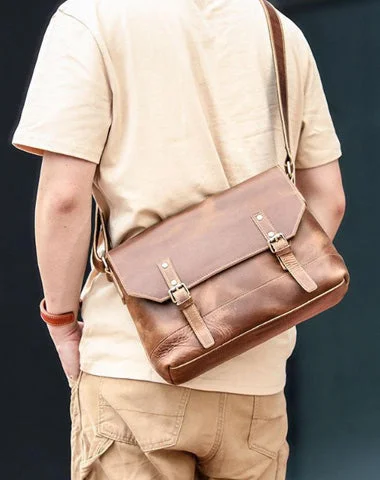 Cool Brown Leather Mens Small Courier Bags Vintage Brown Messenger Bag Postman Bag For Men