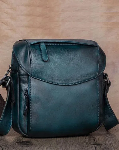 Blue Mens Leather Vintage Vertical Small Messenger Bags Small Side Bag Brown Courier Bag for Men