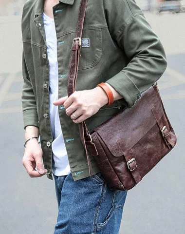 Brown Leather Mens Casual Courier Bags Messenger Bags 10 inches Postman Bag For Men