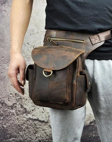 Cool Dark Brown Leather Mens Drop Leg Bag Belt Pouch Waist Bag Small Shoulder Bag For Men