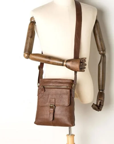 Cool Brown Leather Vertical Side Bags Messenger Bag Brown Courier Bag Postman Bag for Men