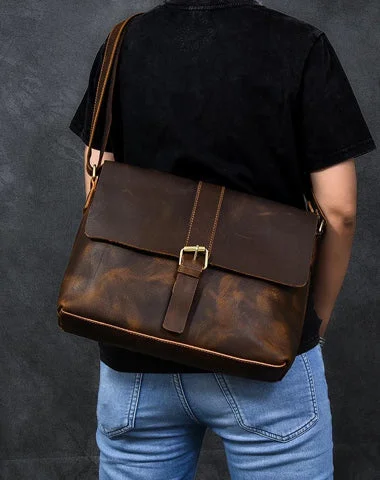 Vintage Leather Mens 13‘’ Brown Side Bag Messenger Bag Courier Bag For Men