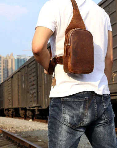 Genuine Leather Mens Cool Chest Bag Sling Bag Crossbody Bag Travel Bag Hiking Bag for men