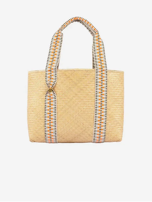 Mentawai Handwoven Bamboo Vegan Medium Tote Bag Orange Straps | Natural