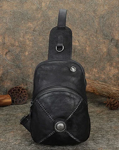 Cool Mens Womens Cap Black Sling Bag Vintage Leather Chest Bag Crossbody Pack for Men