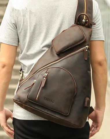 Vintage Large Brown Leather Men's Sling Bag Chest Bag One Shoulder Backpack For Men